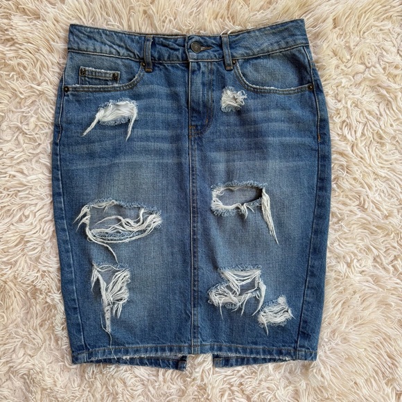 The Kooples Jeans denim distressed knee length skirt back slit SZ 25 blue pencil - Picture 1 of 7